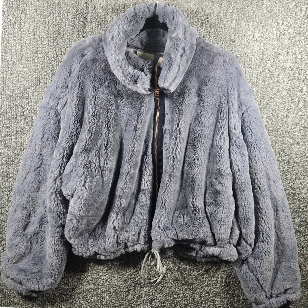 Elevenses Faux Fur Jacket Zip Up Drawstring Hem Blue Grey Women XL Coquette
